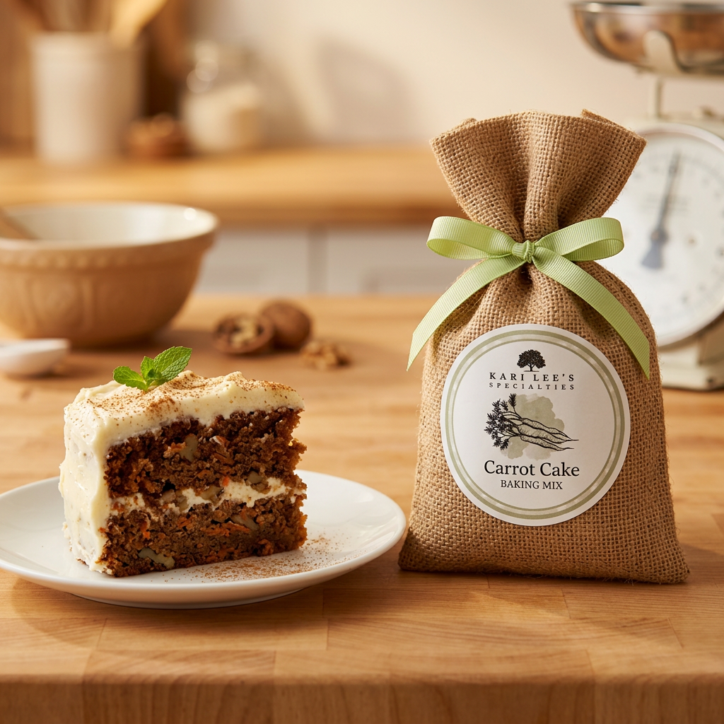 Slice of carrot cake with cream cheese frosting beside a Kari Lee's Specialties Carrot Cake Baking Mix burlap bag