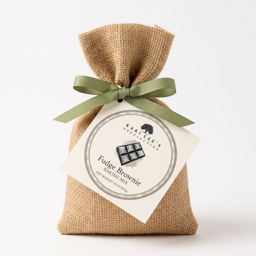 Kari Lee's Specialties Fudge Brownie Baking Mix in a burlap bag with green ribbon and tag