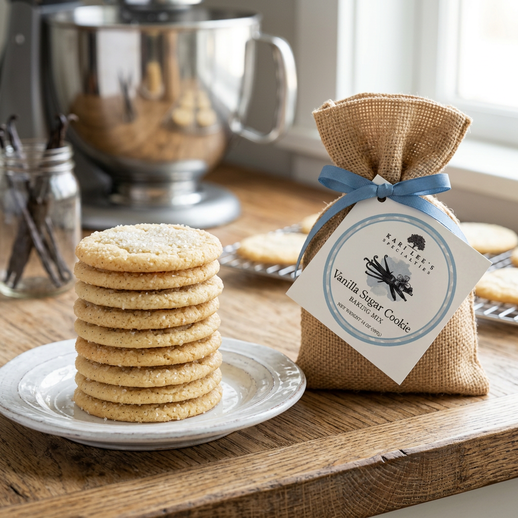 Stack of vanilla sugar cookies beside a Kari Lee's Specialties Vanilla Sugar Cookie Baking Mix burlap bag