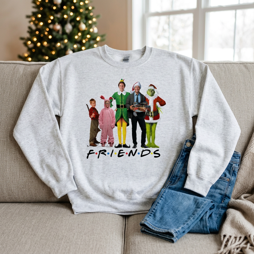 Ash Christmas Movie Friends crew-neck sweatshirt on a sofa beside jeans with a Christmas tree in the background