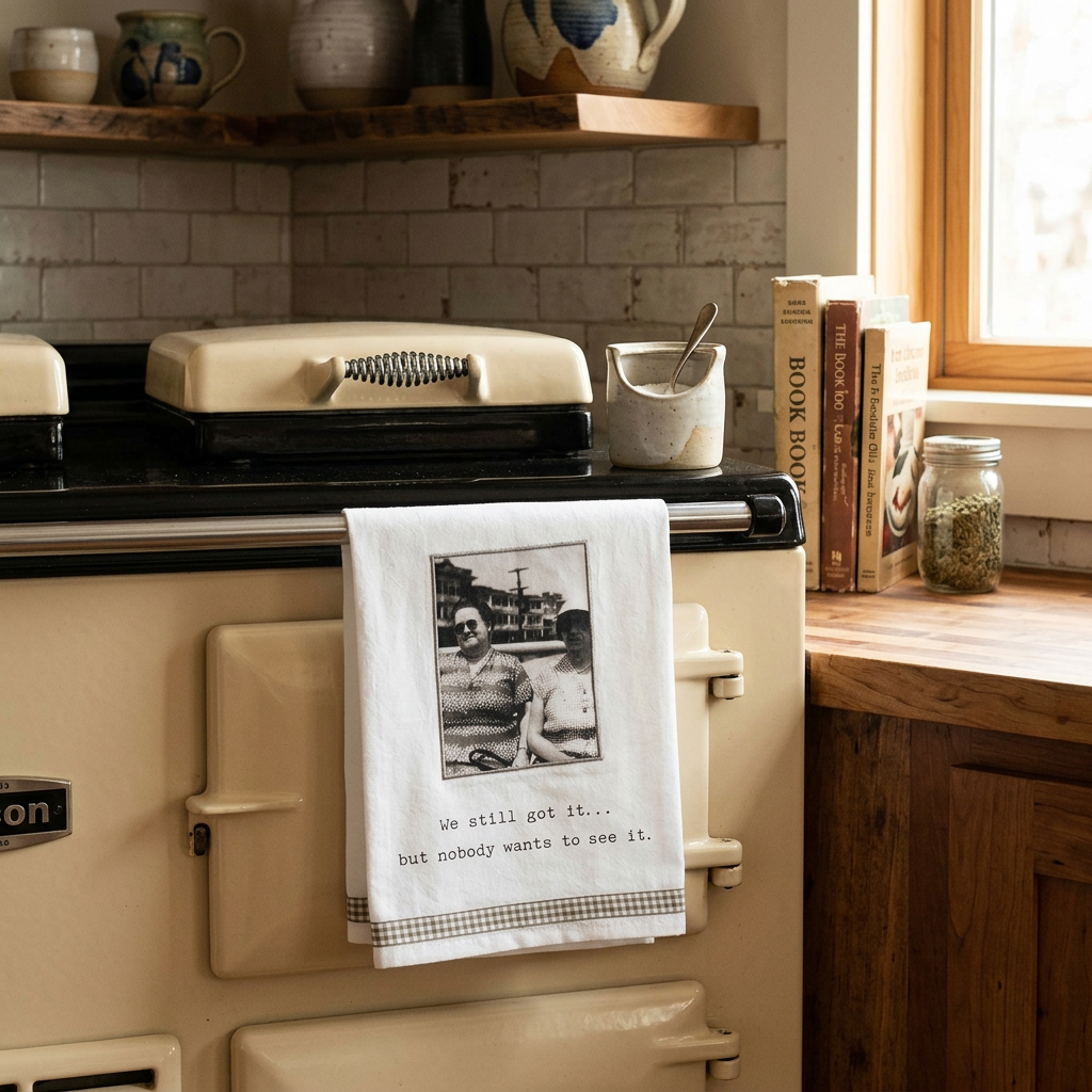 White cotton kitchen towel with a vintage photo panel and the sentiment "We Still Got It... But Nobody Wants To See It", hanging from an oven handle in a cozy farmhouse kitchen