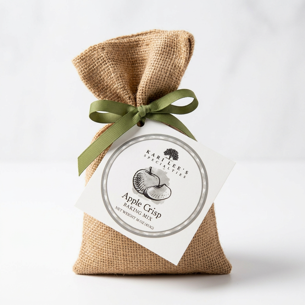 Kari Lee's Specialties Apple Crisp Baking Mix in a burlap bag with green ribbon and tag