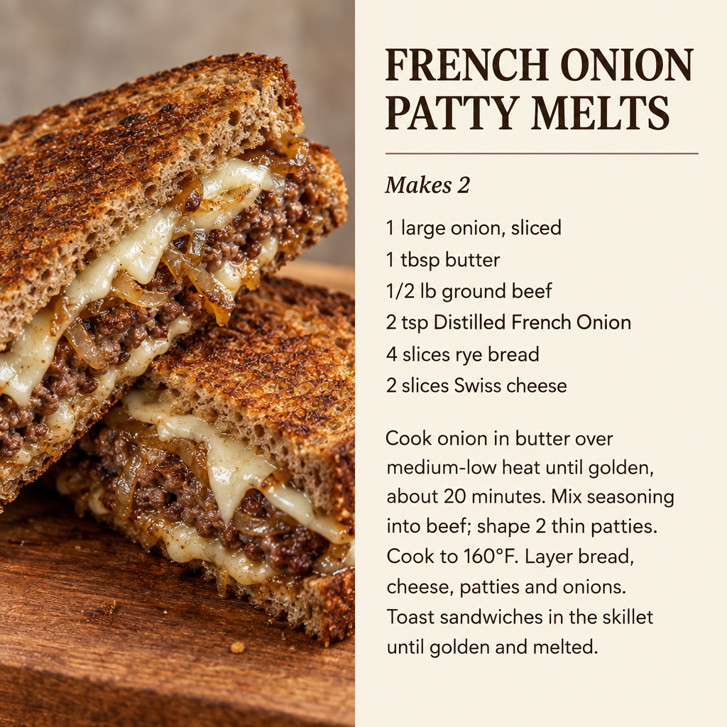 French Onion Patty Melts recipe card using Distilled French Onion seasoning with ingredients and skillet directions