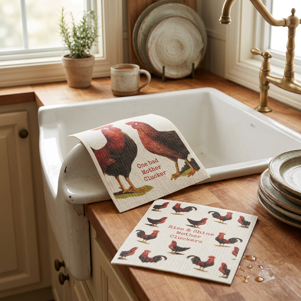 Two Swedish dishcloths with funny farm chicken designs, "One Bad Mother Clucker" and "Rise & Shine Mother Cluckers", in use at a farmhouse kitchen sink