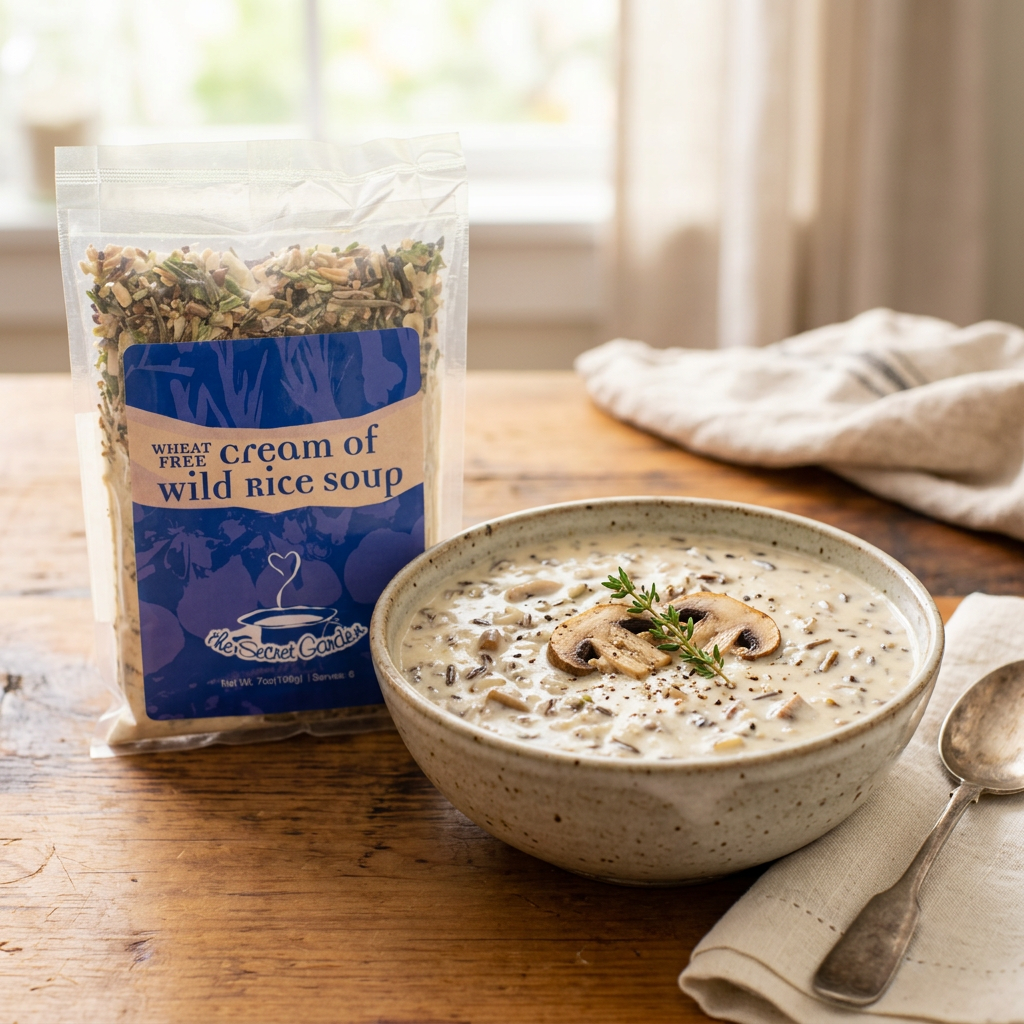 The Secret Garden wheat-free cream of wild rice soup mix beside a bowl of creamy wild rice and mushroom soup on a wooden table