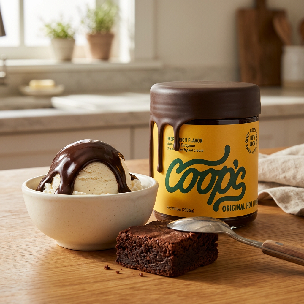 Coop’s Original Hot Fudge jar beside vanilla ice cream with hot fudge and a brownie
