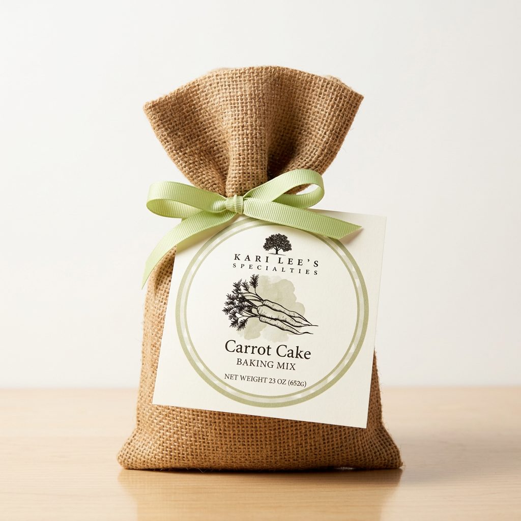Kari Lee's Specialties Carrot Cake Baking Mix in a burlap bag with light green ribbon and tag