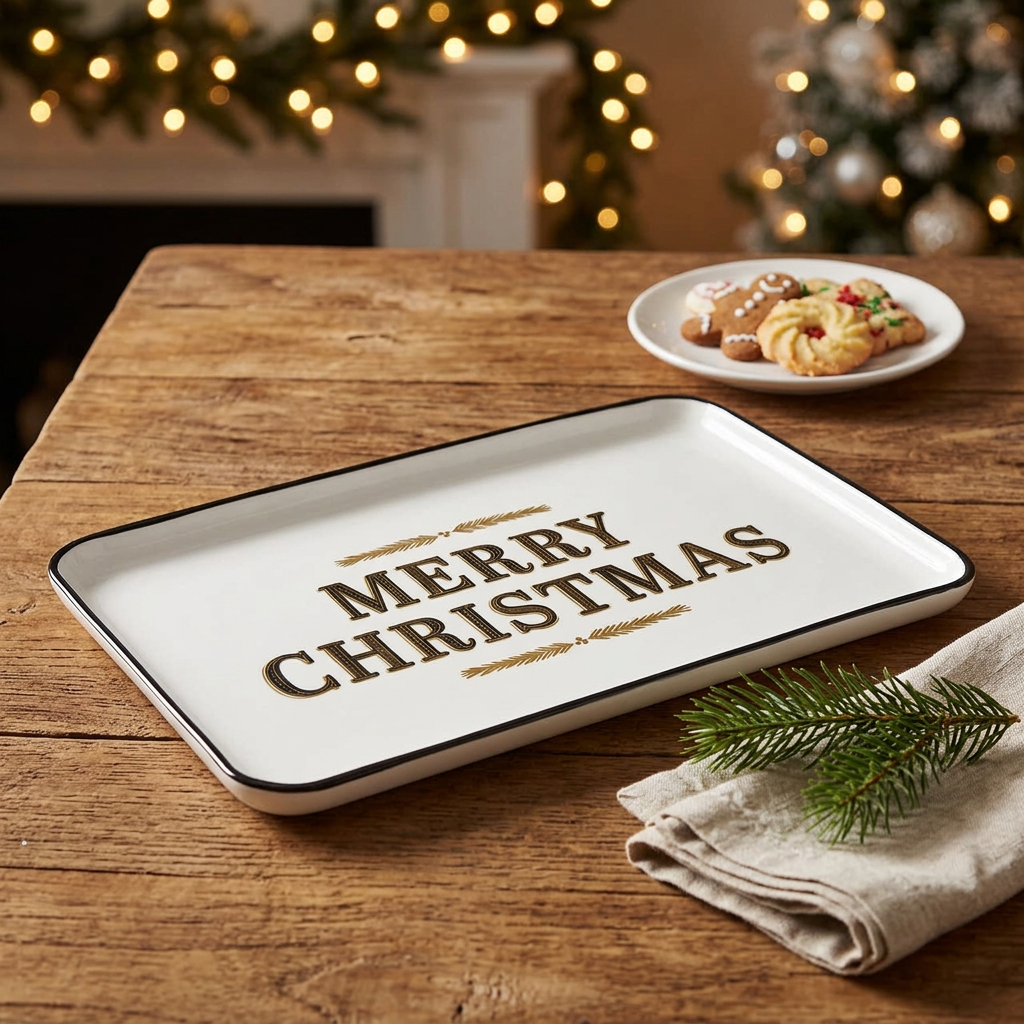 Merry Christmas ceramic platter on a festive holiday table