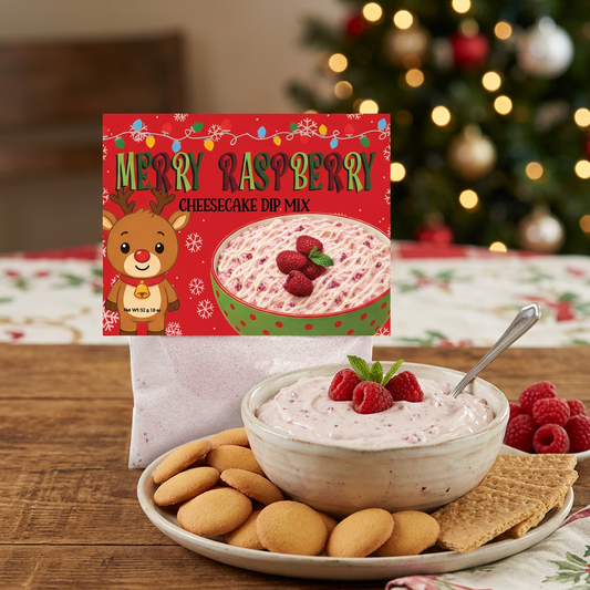 Merry Raspberry cheesecake dip mix in a holiday dessert setting