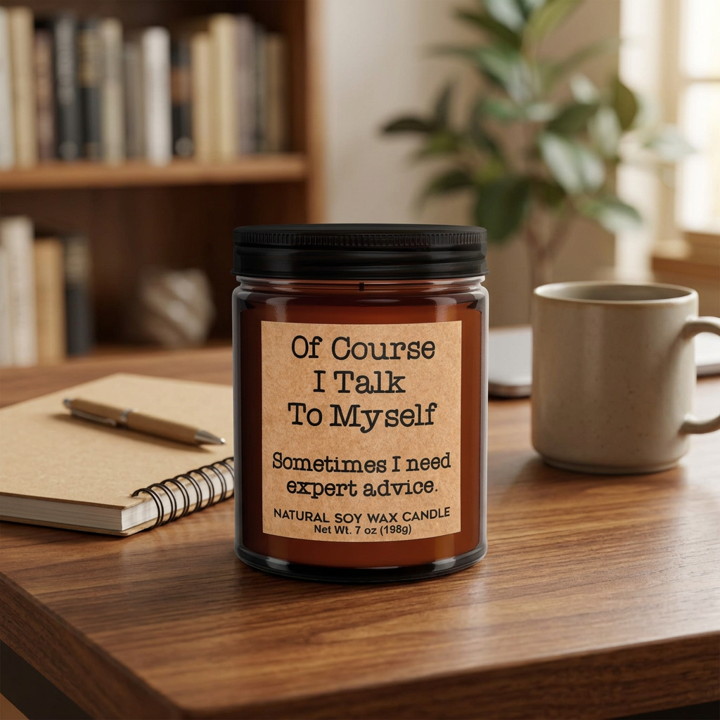 Of Course I Talk to Myself candle in a cozy home office