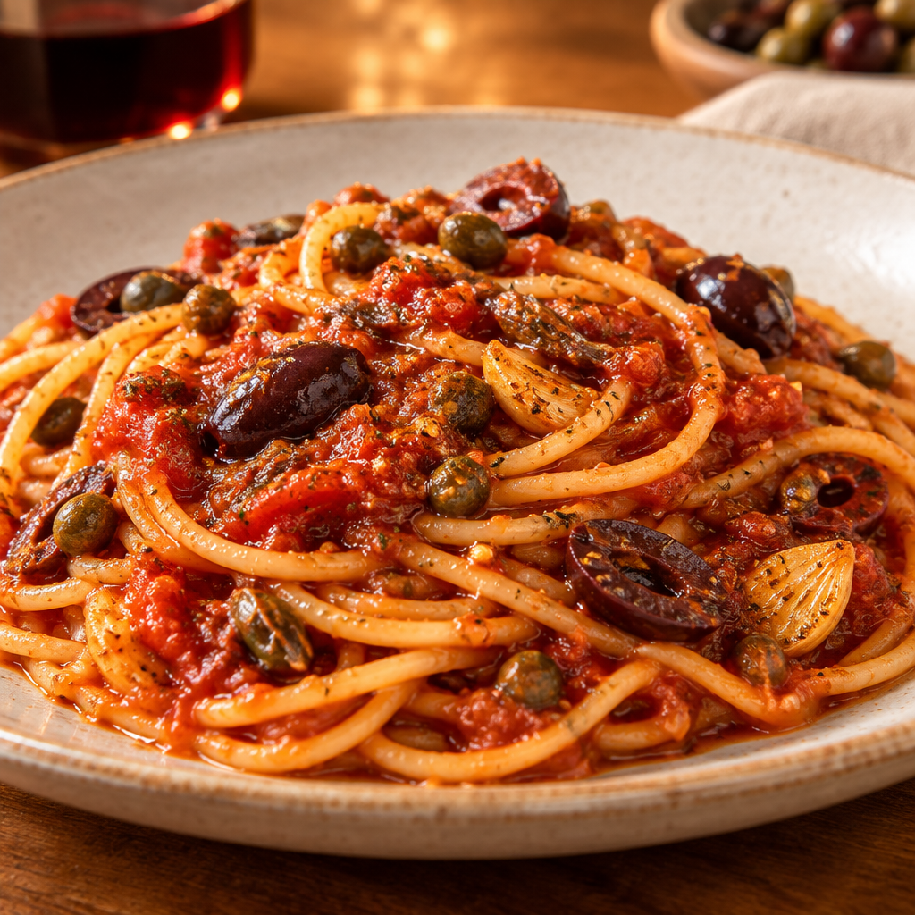Spaghetti with puttanesca-style sauce