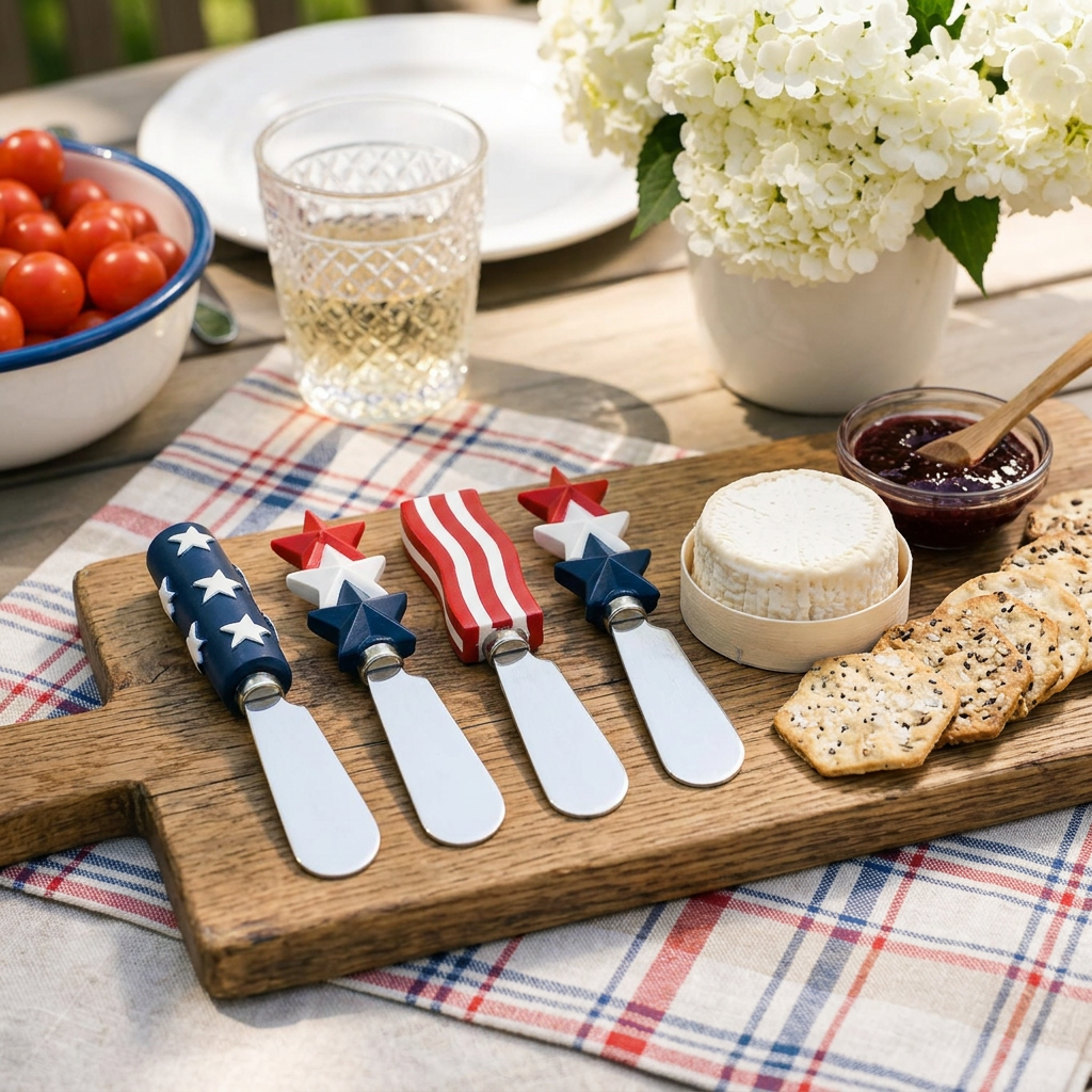 Stars-and-stripes cheese spreaders beside a cheese and cracker board