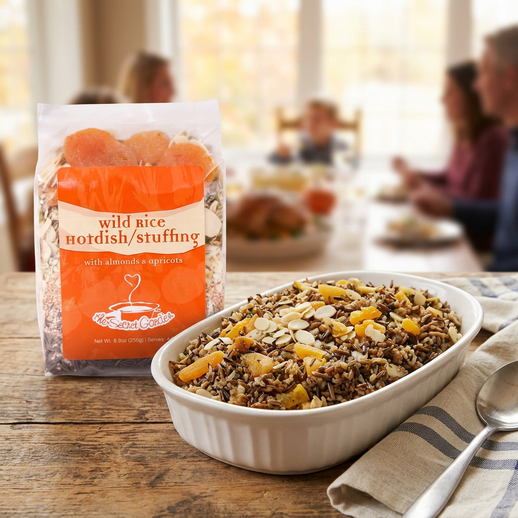 Wild rice hotdish with almonds and apricots on a cozy dinner table